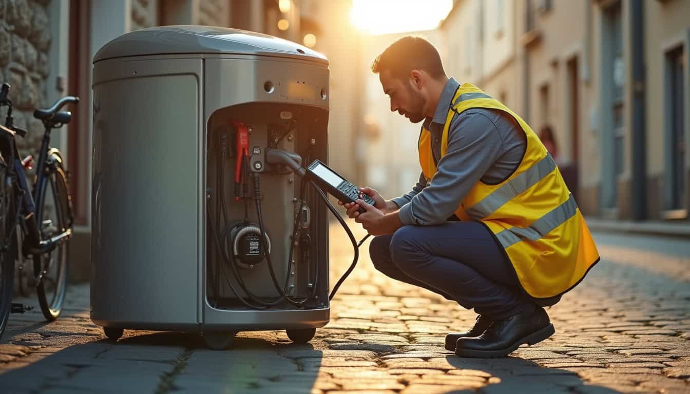 Technicien en train de vérifier une borne de recharge électrique à Ille-sur-Têt