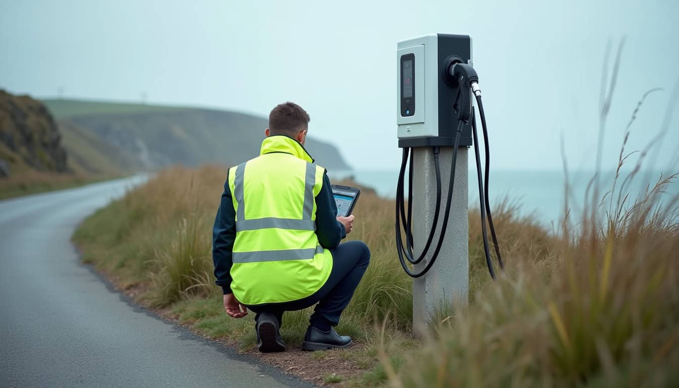 Technicien en train de vérifier une borne de recharge électrique à La Hague