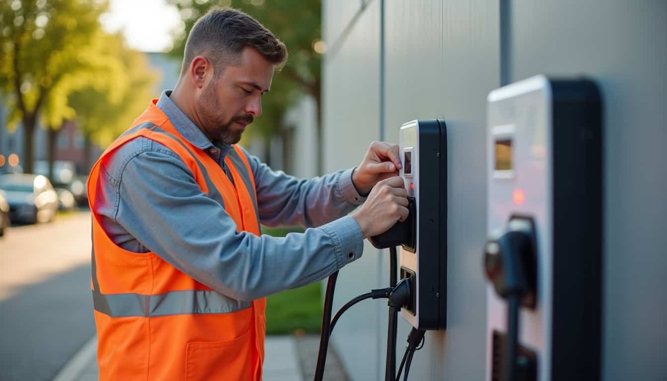 Technicien en train de vérifier une borne de recharge électrique à Langlade