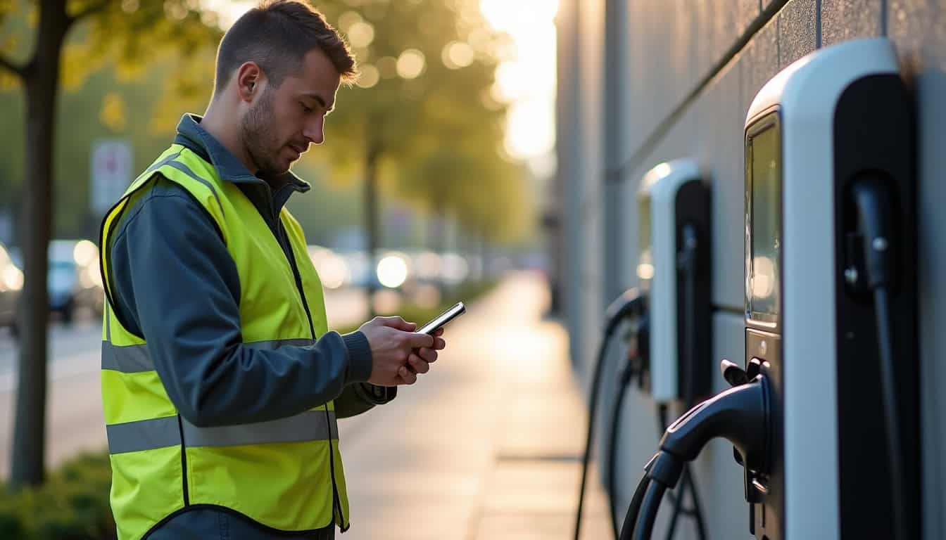 Technicien en train de vérifier une borne de recharge électrique à Longjumeau