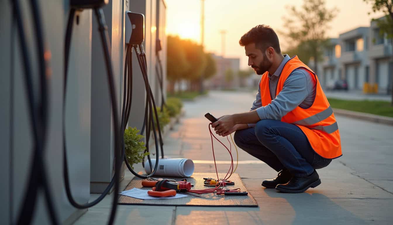 Technicien en train de vérifier une borne de recharge électrique à Loyat, avec outils et documentation technique