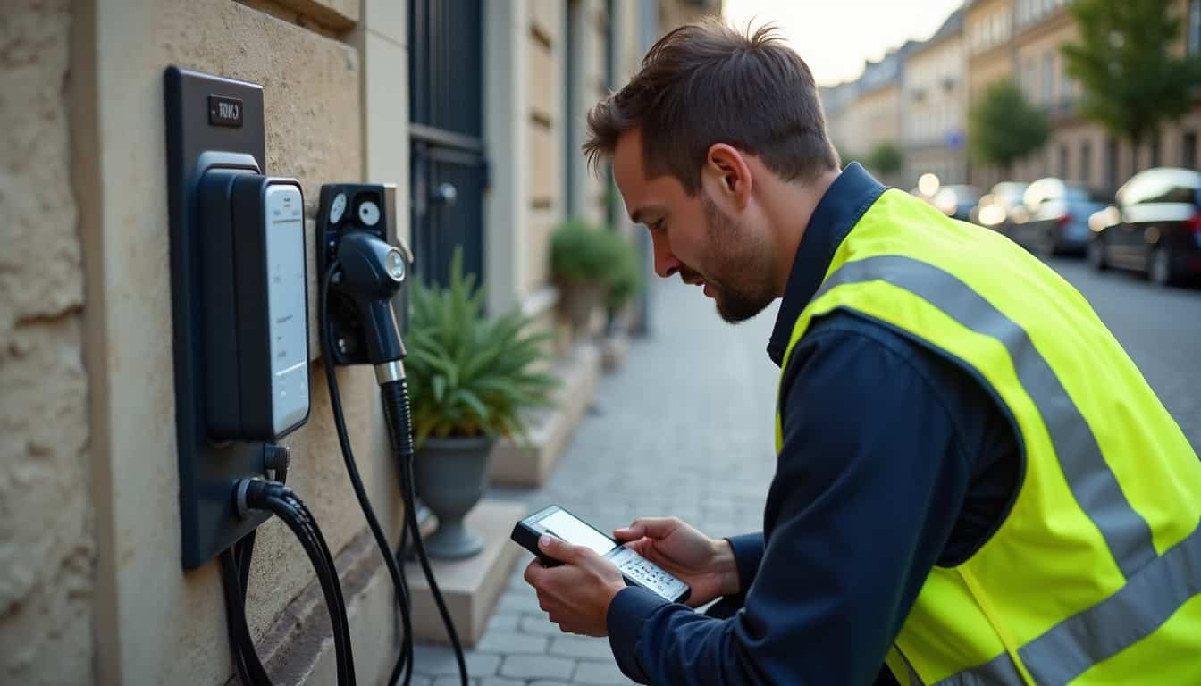Technicien en train de vérifier une borne de recharge électrique à Lyon