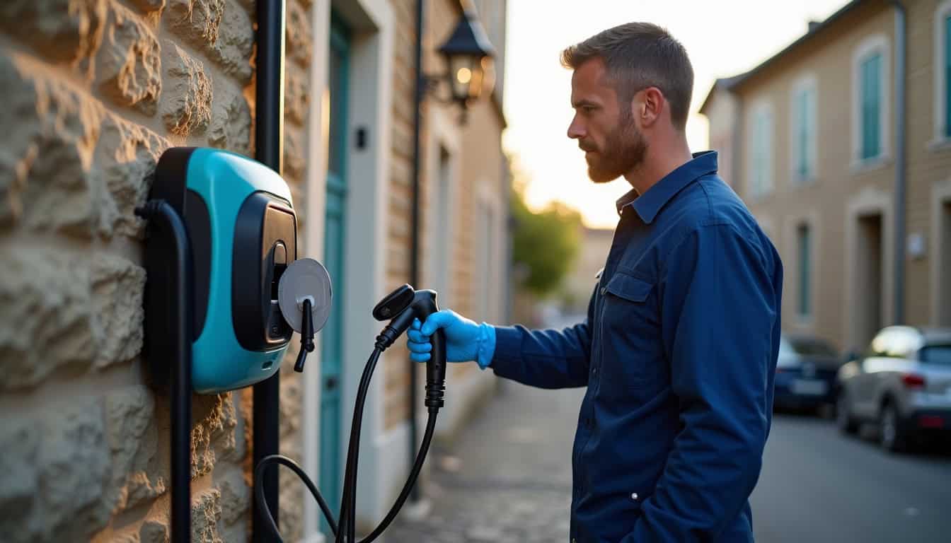 Technicien en train de vérifier une borne de recharge électrique à Mirebeau