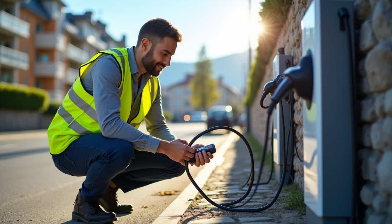 Technicien en train de vérifier une borne de recharge électrique à Montagnat