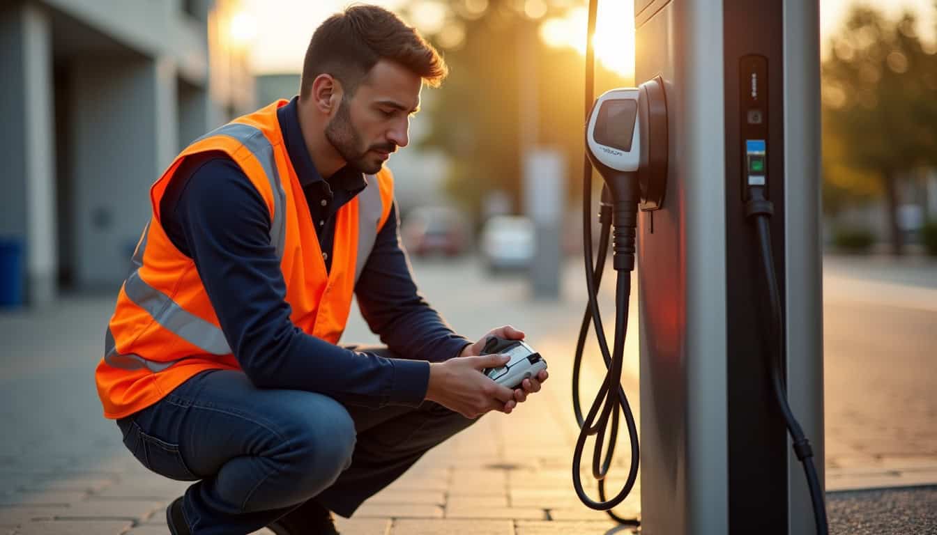 Technicien en train de vérifier une borne de recharge électrique à Peyrestortes