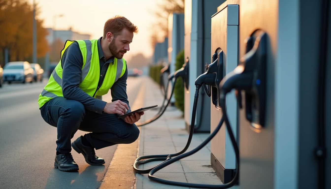 Technicien en train de vérifier une borne de recharge électrique à Pulnoy