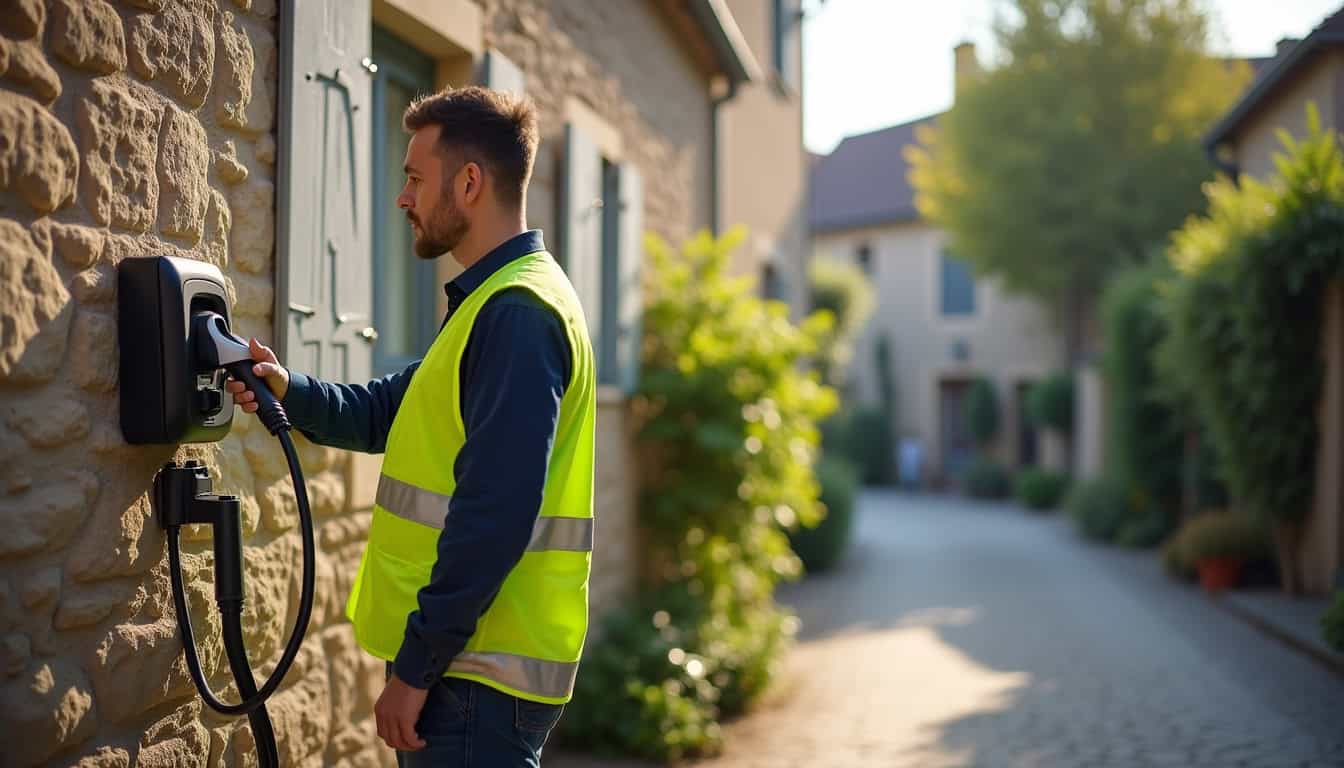 Technicien en train de vérifier une borne de recharge électrique à Puymoyen