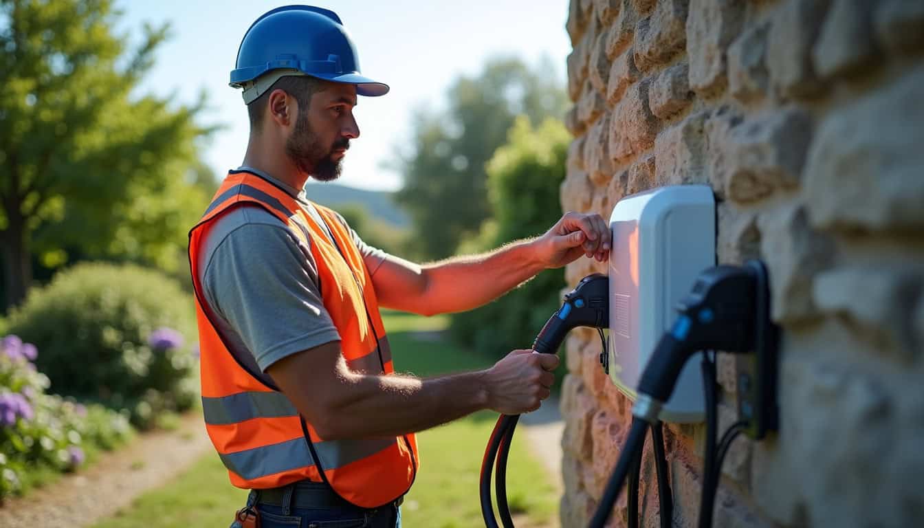 Technicien en train de vérifier une borne de recharge électrique à Saint-Marc-le-Blanc