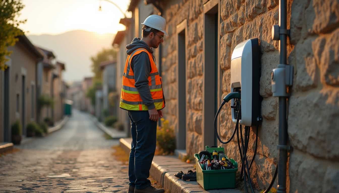 Technicien en train de vérifier une borne de recharge électrique à Saint-Sulpice-les-Feuilles