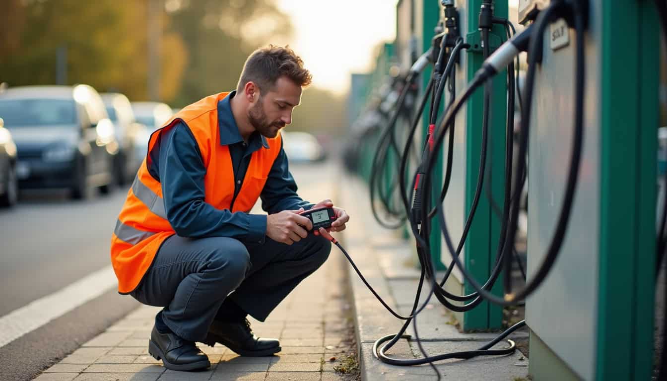 Technicien en train de vérifier une borne de recharge électrique à Sens