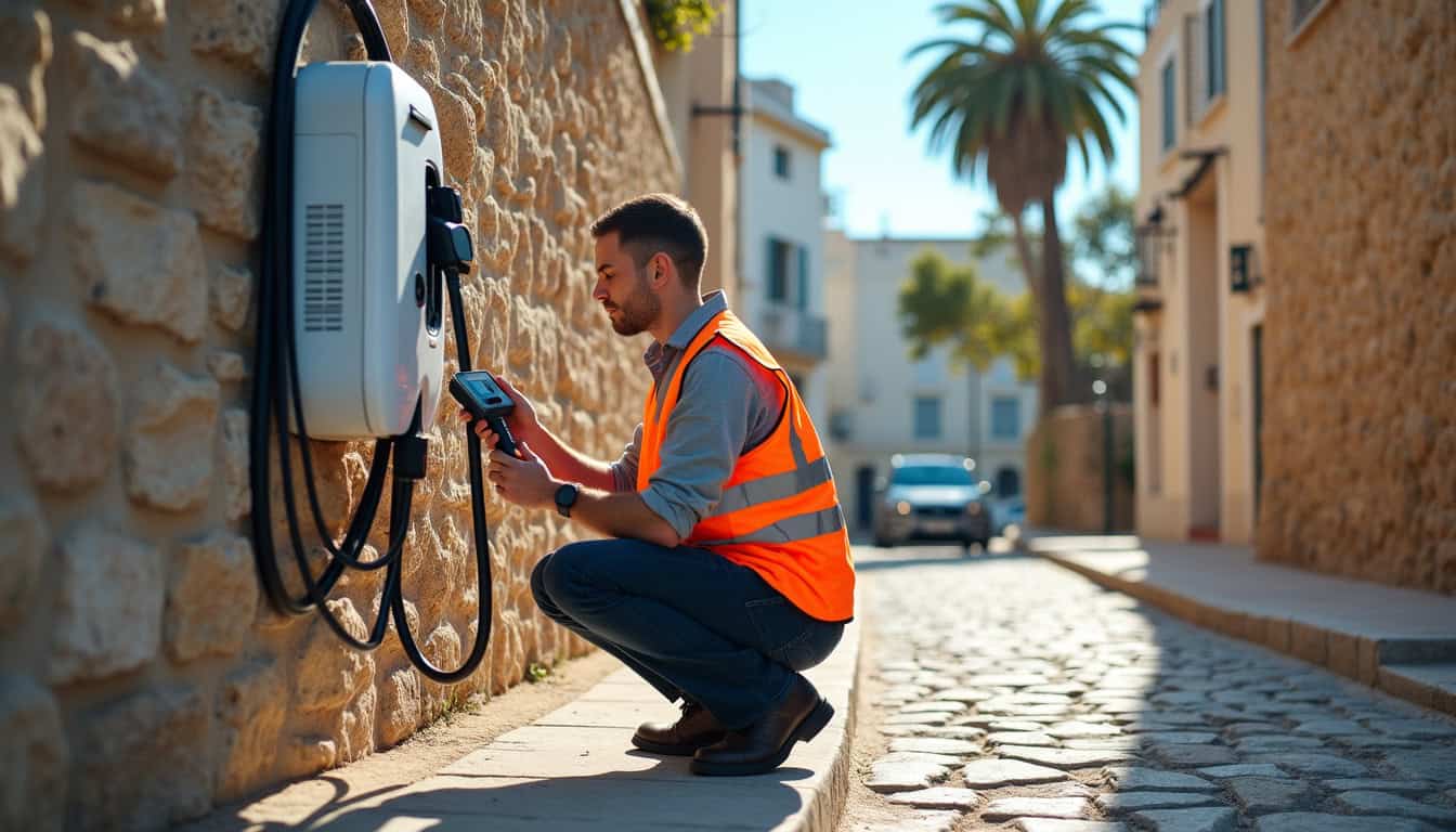 Technicien en train de vérifier une borne de recharge électrique à Sisco