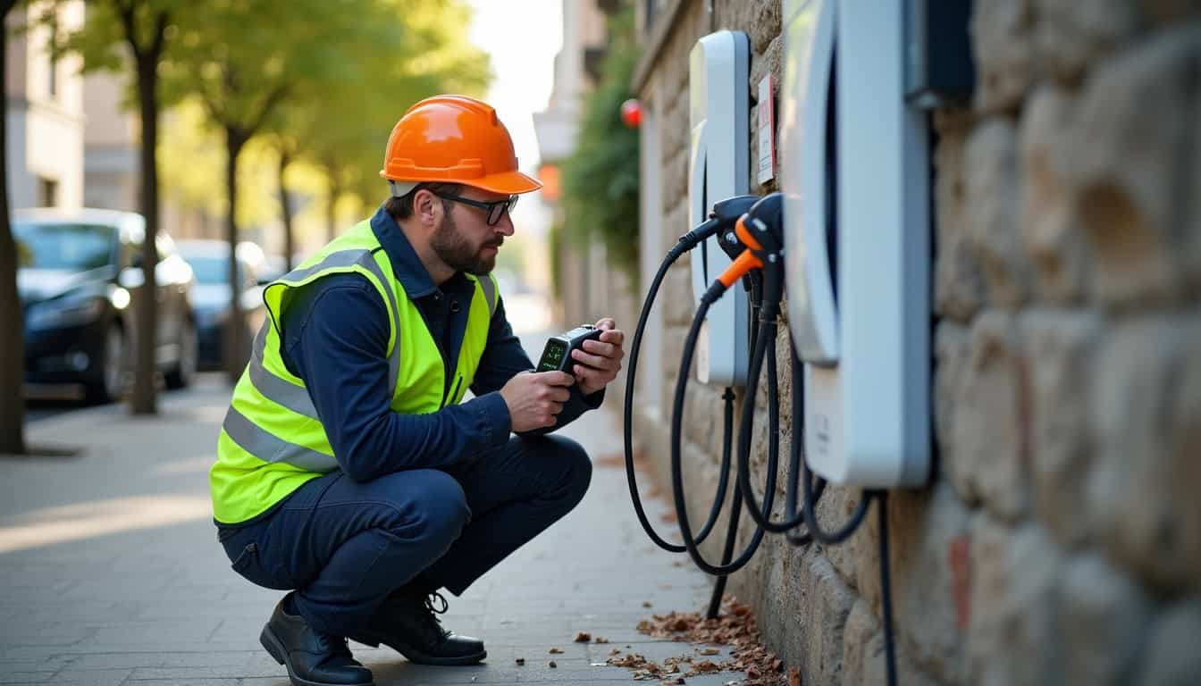 Technicien en train de vérifier une borne de recharge électrique à Talence