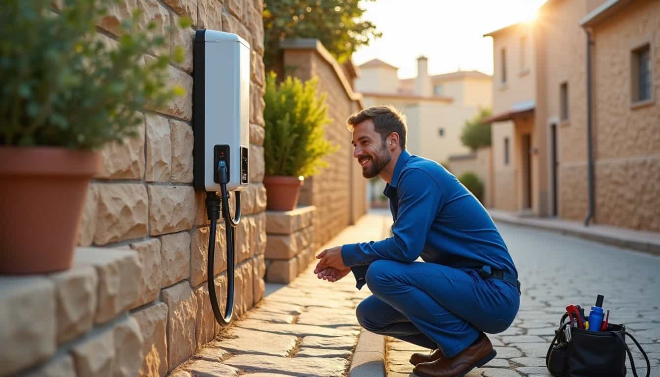 Technicien en train de vérifier une borne de recharge électrique à Talmas