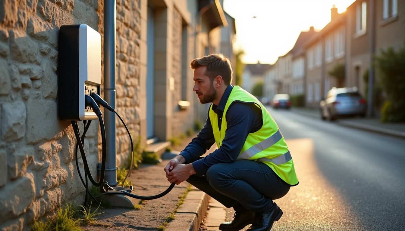 Technicien en train de vérifier une borne de recharge électrique à Thiberville