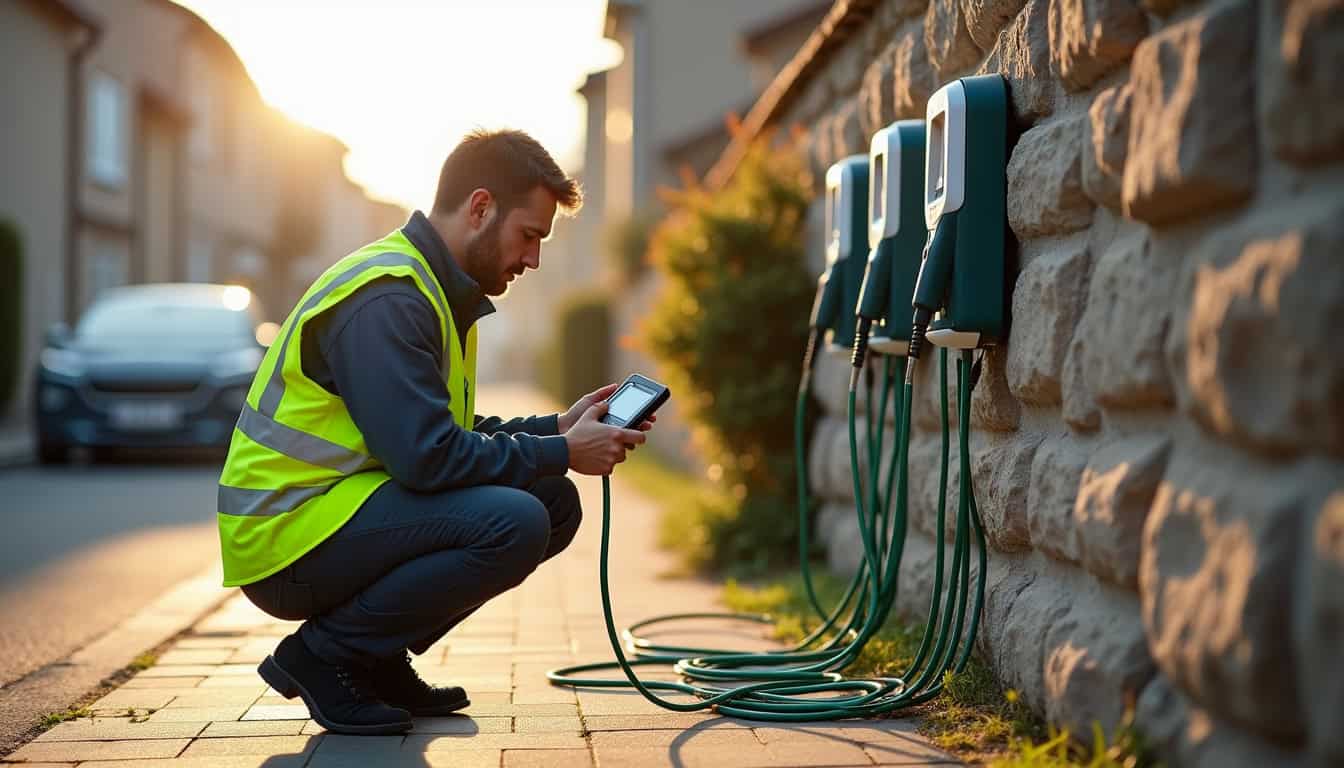 Technicien en train de vérifier une borne de recharge électrique à Vallet
