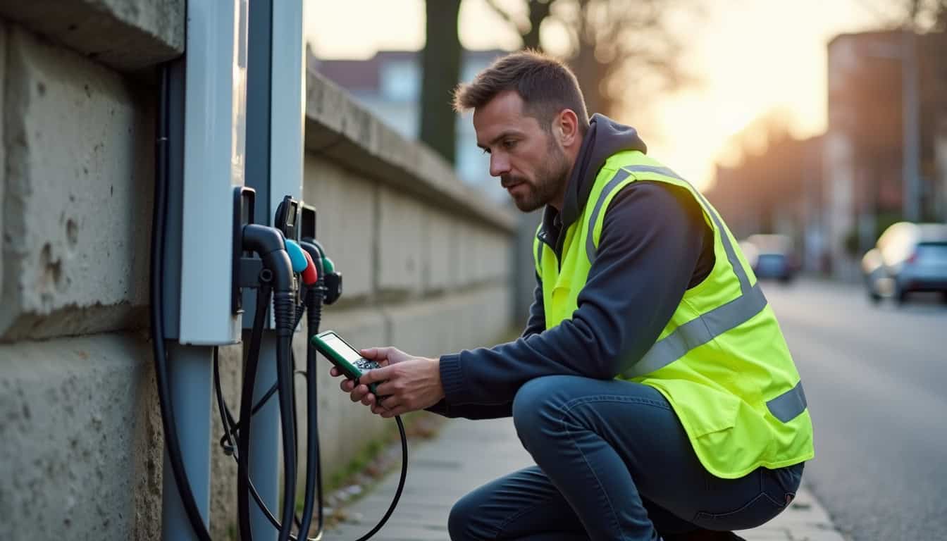 Technicien en train de vérifier une borne de recharge électrique à Vémars