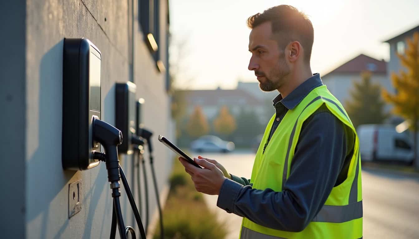 Technicien en train de vérifier une borne de recharge électrique à Villers-le-lac