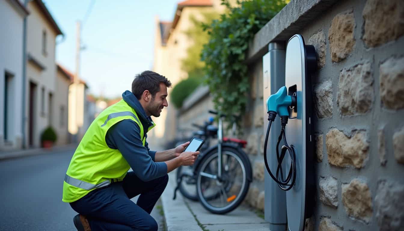 Technicien en train de vérifier une borne de recharge électrique au Crotoy