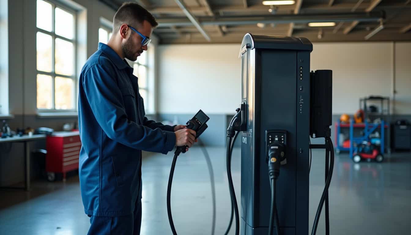Technicien en train de vérifier une borne de recharge électrique dans un garage à Vieux-Thann