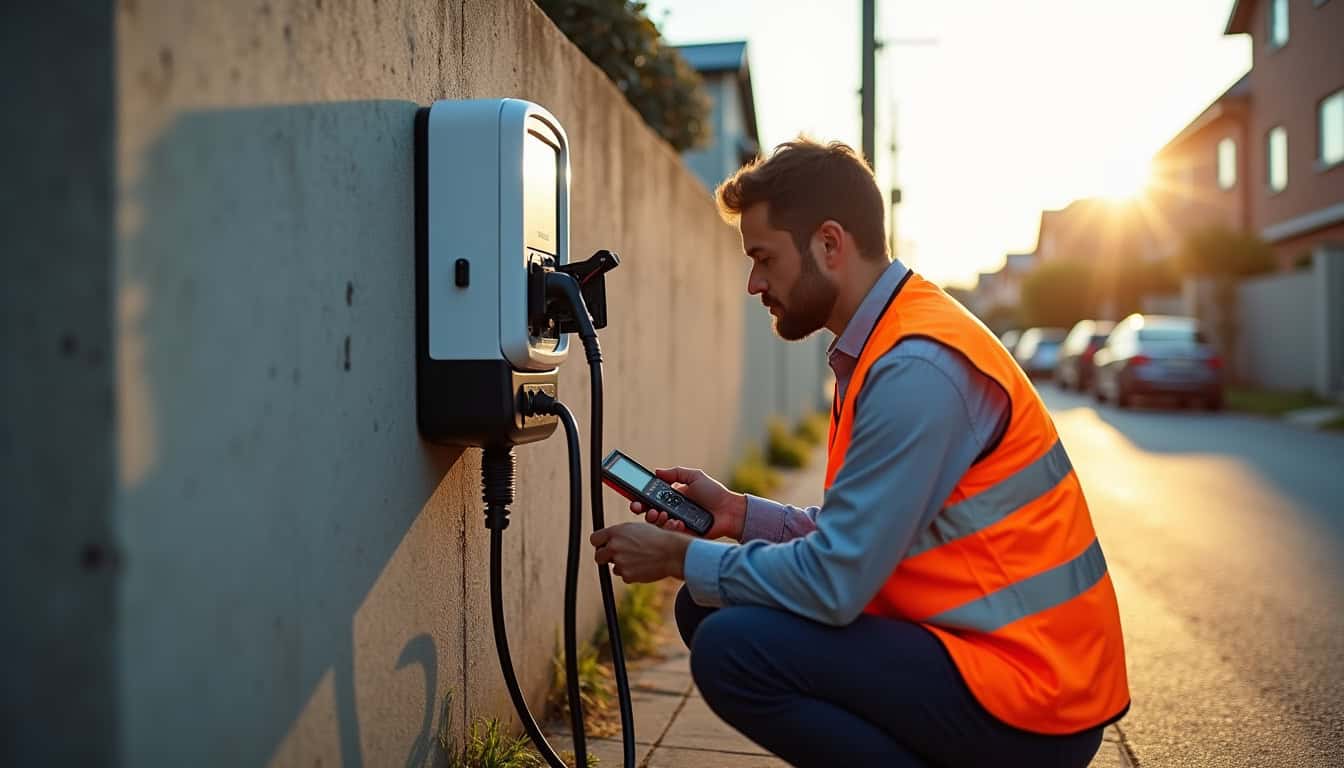 Technicien en train de vérifier une borne de recharge électrique en extérieur