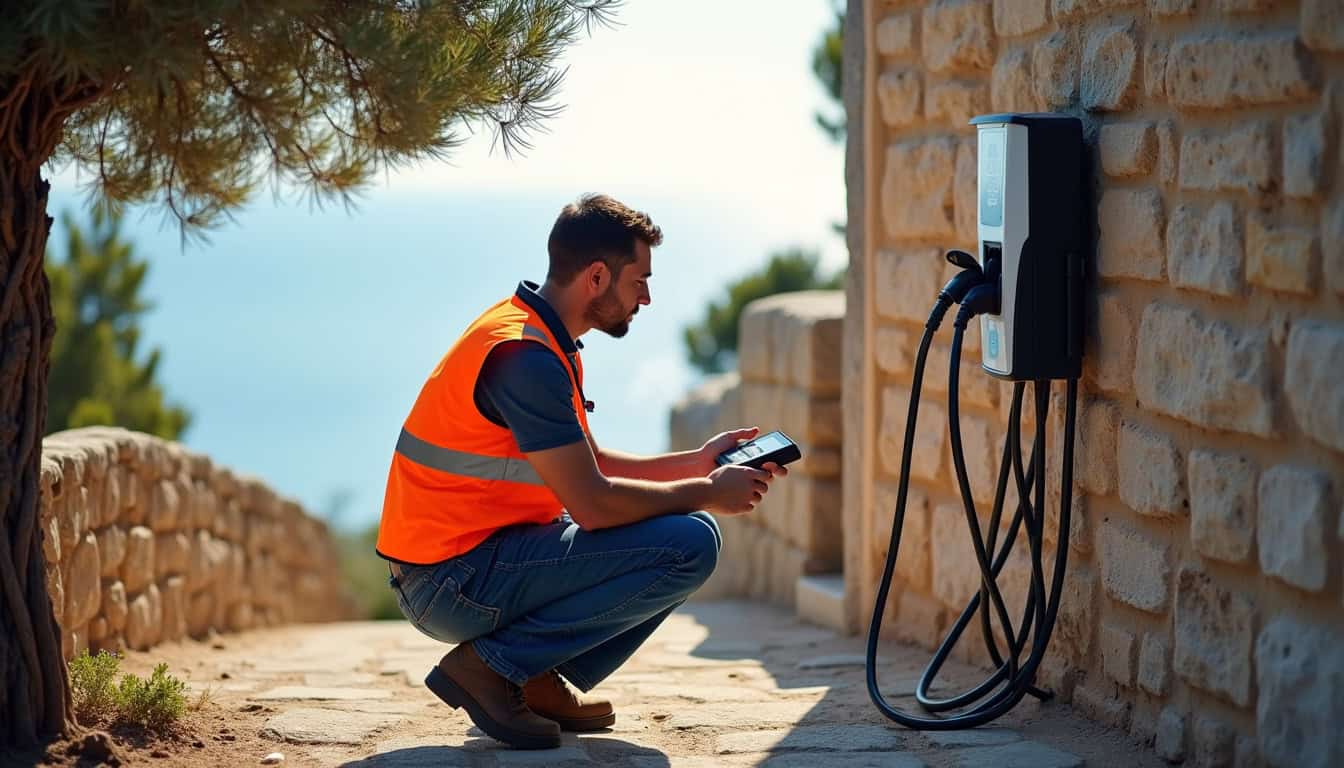 Technicien en train de vérifier une borne de recharge électrique en extérieur