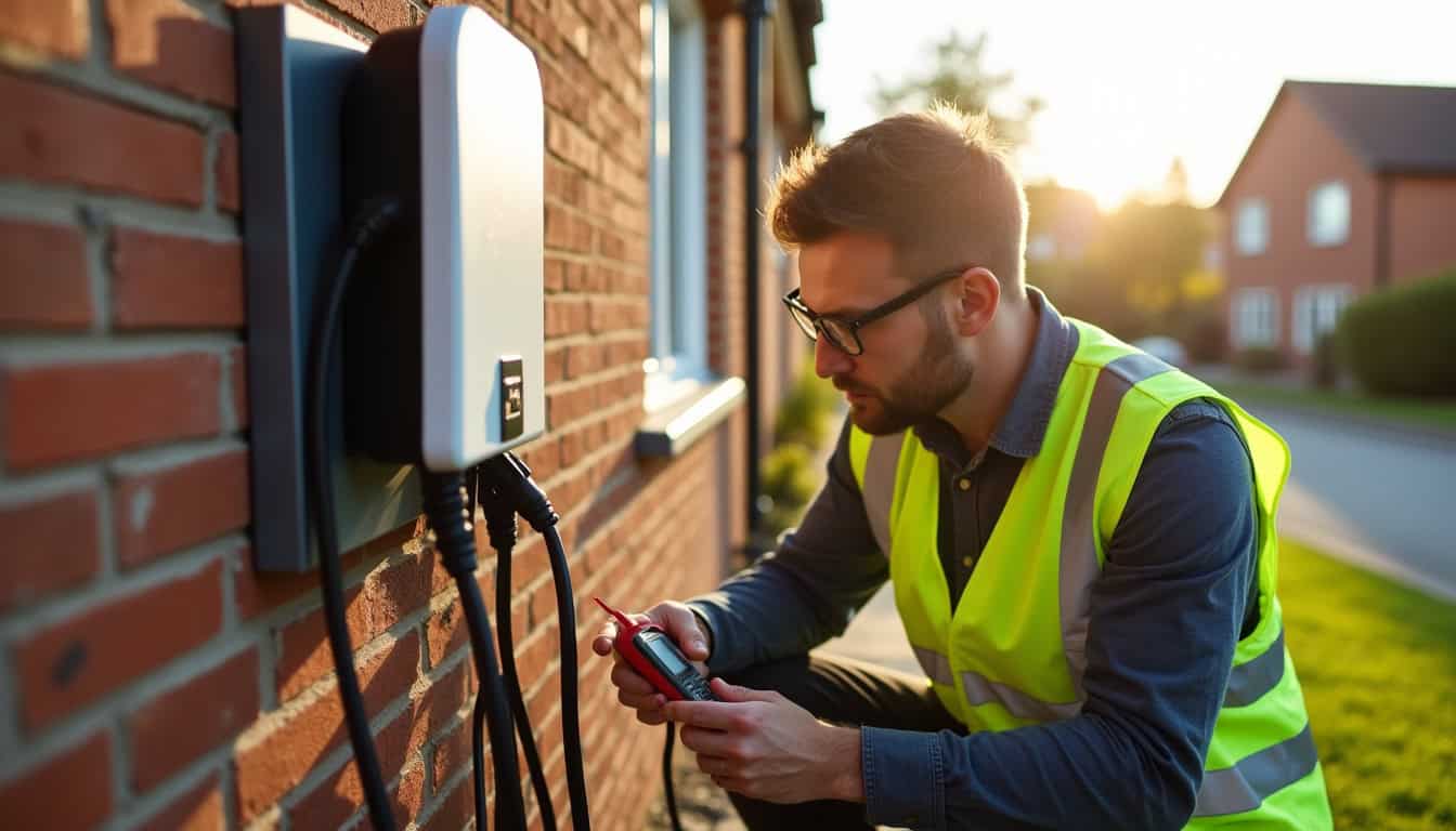 Technicien en train de vérifier une borne de recharge électrique en extérieur