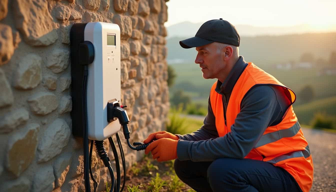 Technicien en train de vérifier une borne de recharge électrique lors d