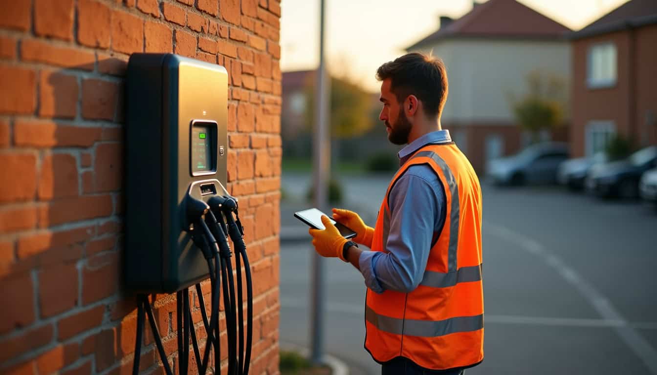 Technicien en train de vérifier une borne de recharge électrique