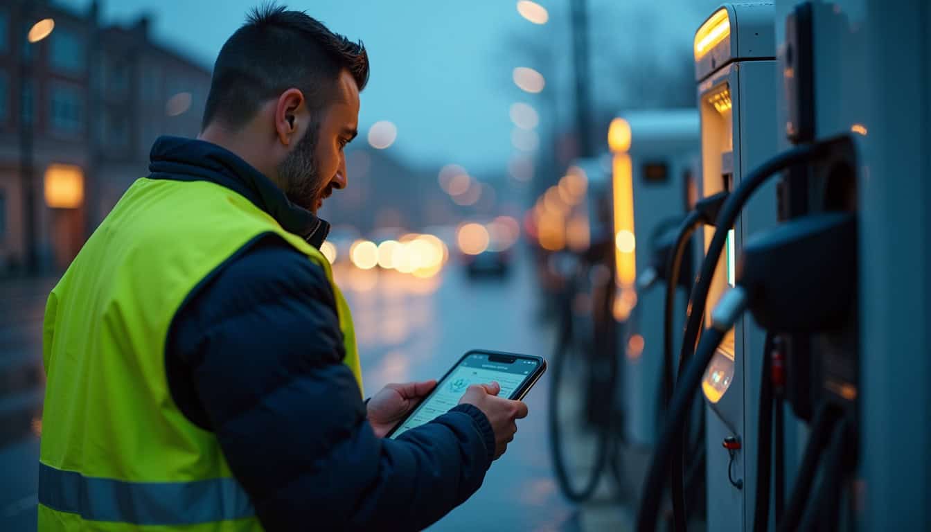 Technicien en train de vérifier une borne de recharge électrique