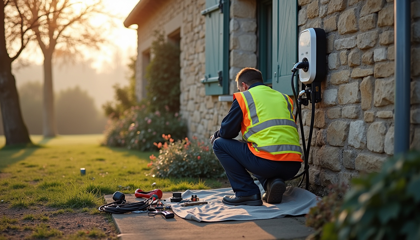 Technicien en train de vérifier une borne de recharge électrique
