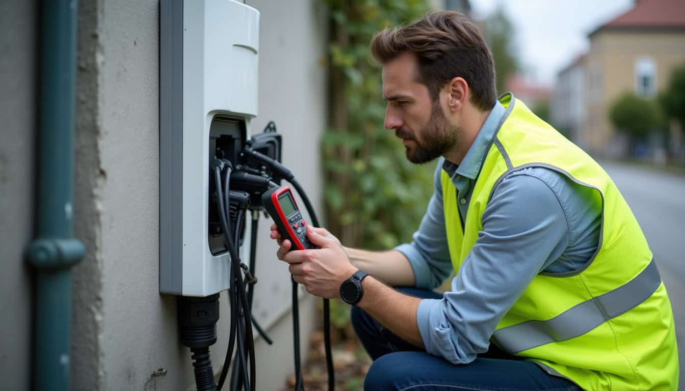 Technicien en train de vérifier une borne de recharge électrique