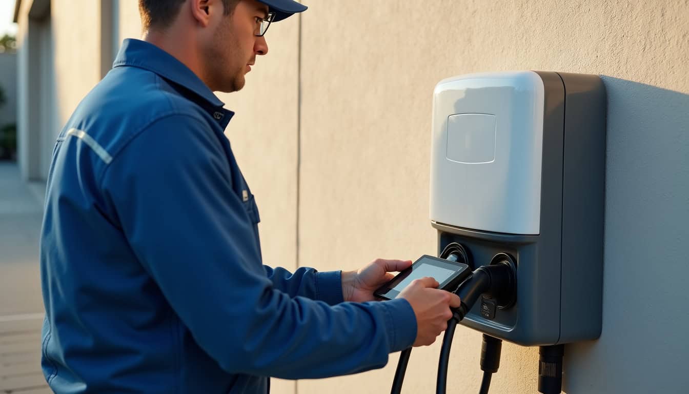 Technicien en train de vérifier une borne de recharge murale