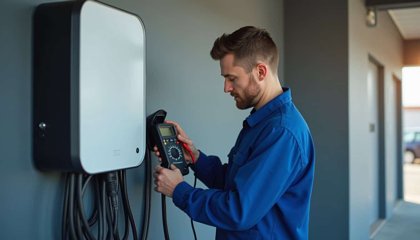 Technicien en train de vérifier une borne de recharge murale