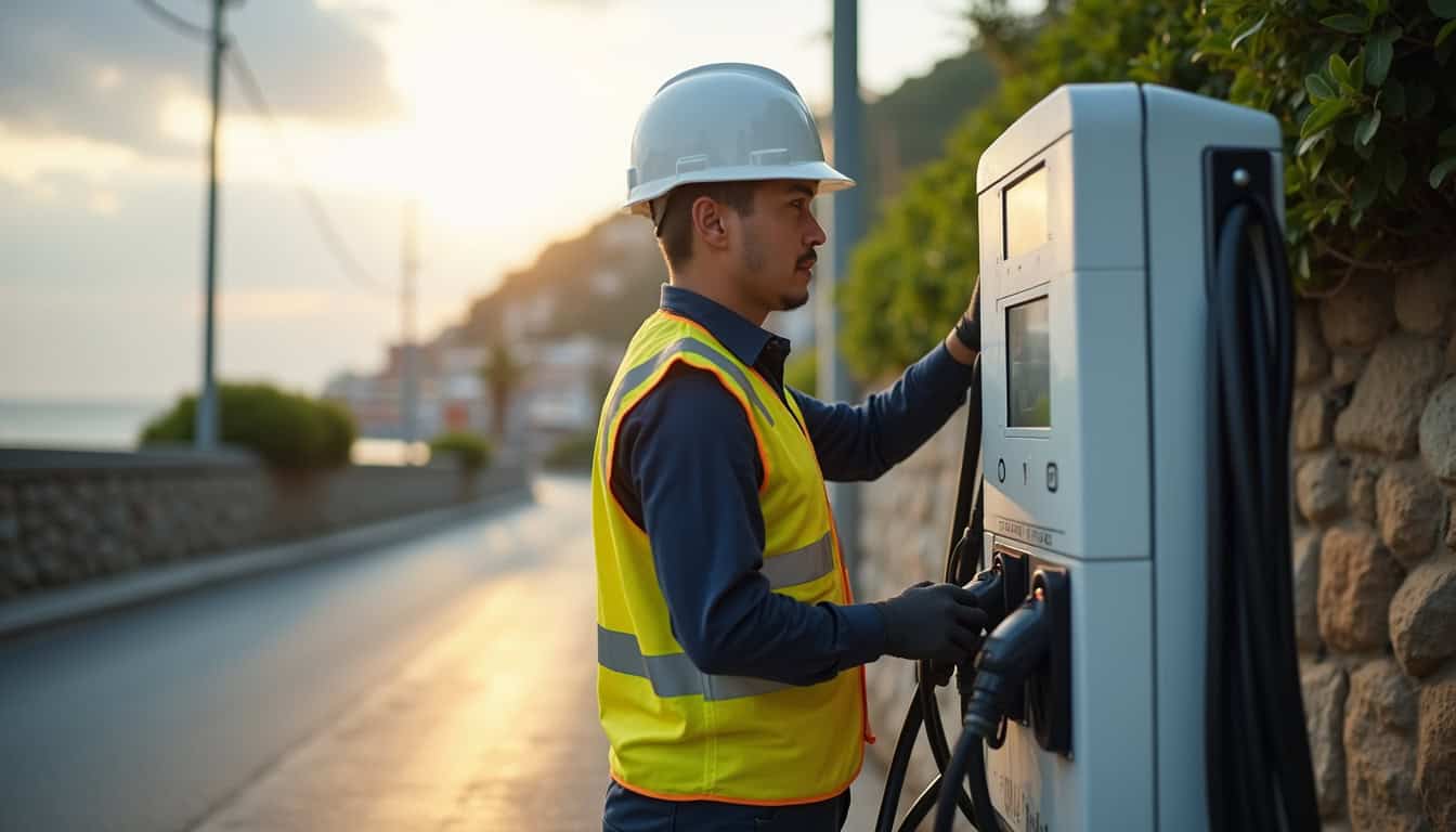 Technicien en train de vérifier une borne électrique à Santec