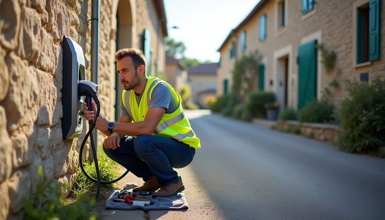 Technicien en train de vérifier une borne électrique en extérieur à Les Roches-de-Condrieu
