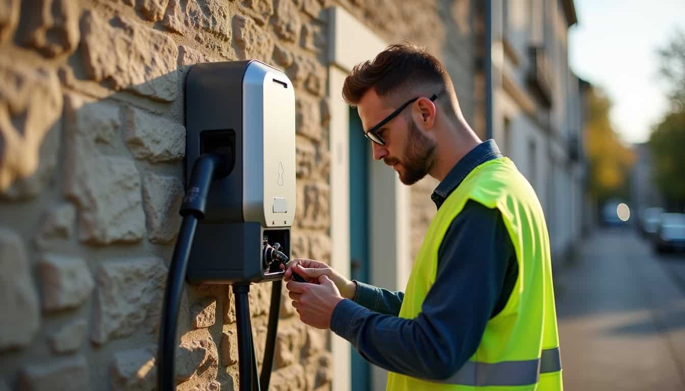 Technicien en train de vérifier une borne électrique installée à Précigné