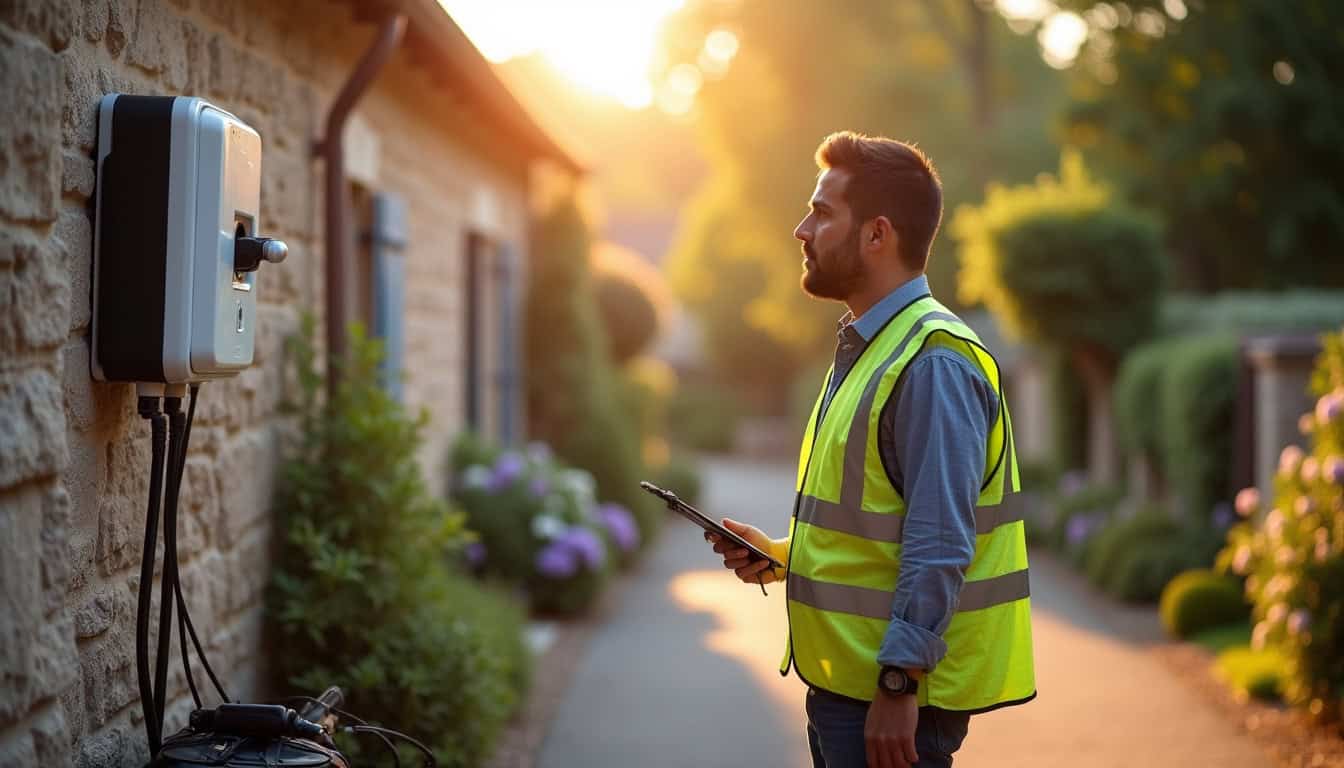 Technicien en train de vérifier une installation électrique pour une borne de recharge