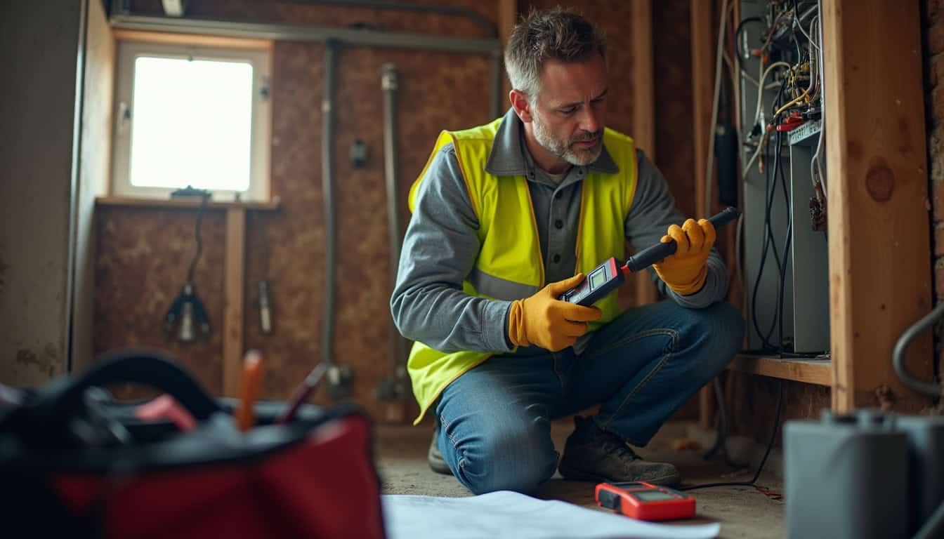 Technicien en train d'effectuer un audit électrique avant l'installation d'une borne de recharge