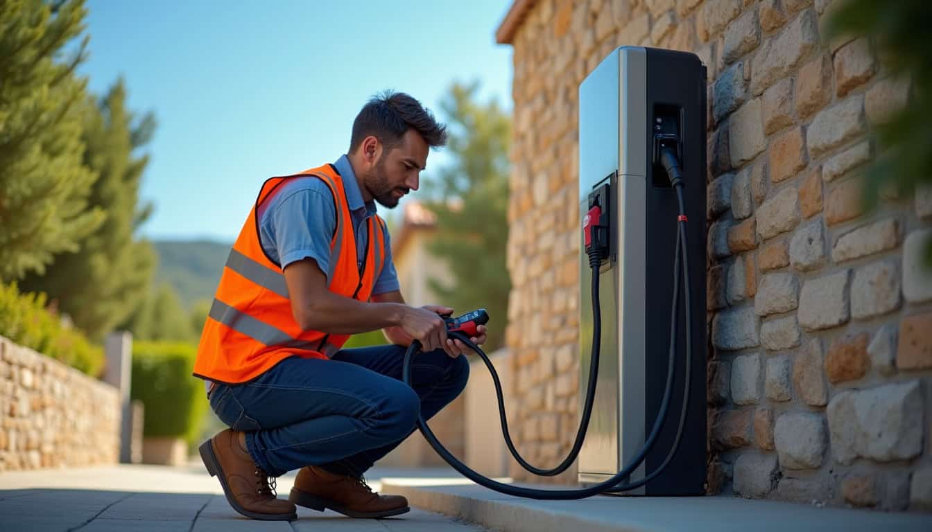 Technicien en train d'effectuer un contrôle de maintenance sur une borne de recharge électrique