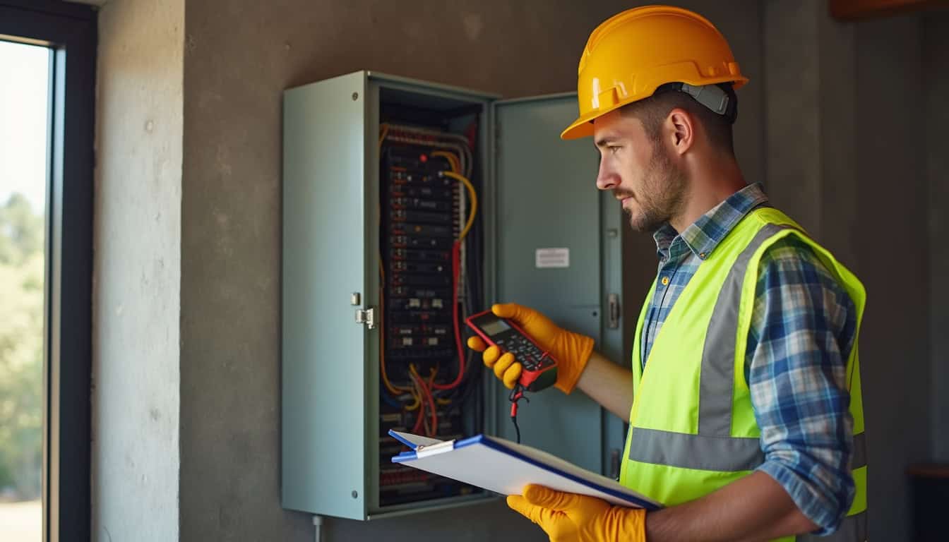 Technicien en train d'inspecter un tableau électrique avant l'installation d'une borne de recharge