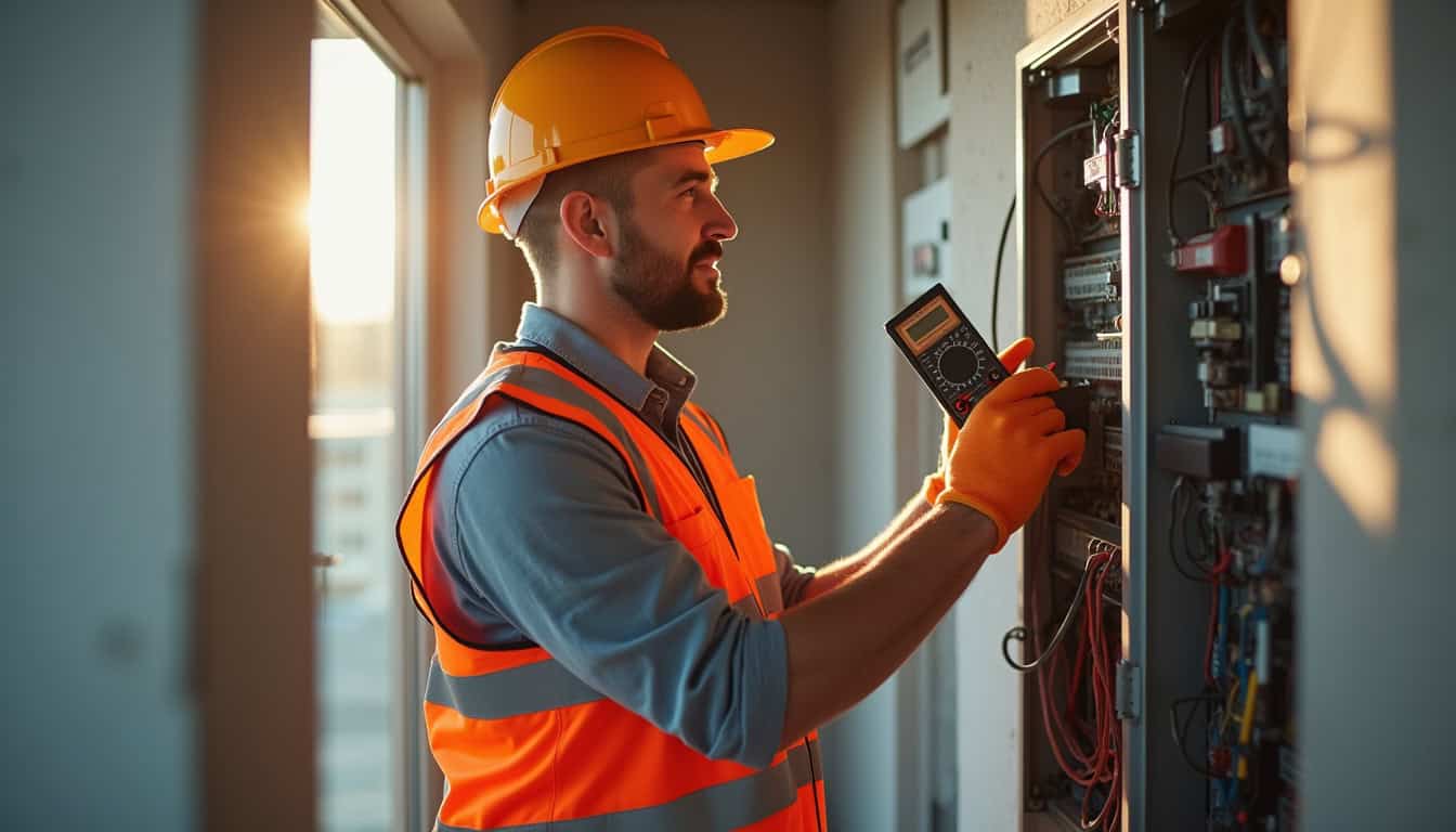 Technicien en train d'inspecter un tableau électrique avant l'installation d'une borne de recharge