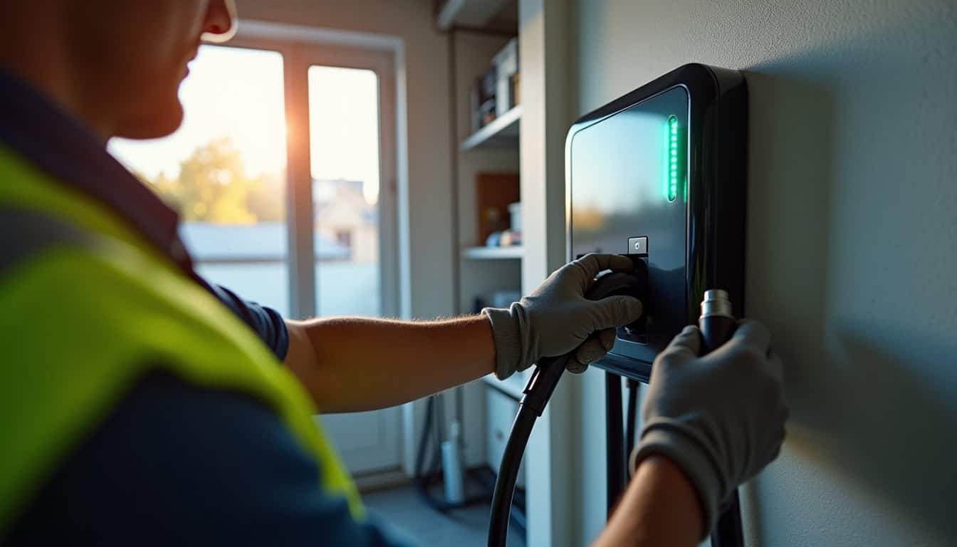 Technicien en train d'inspecter une borne de recharge murale