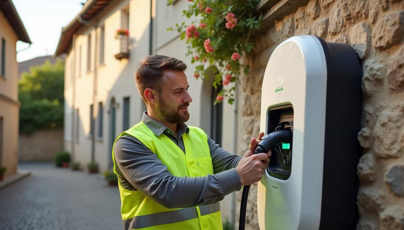 Technicien en train d'inspecter une installation de borne électrique à Valloire-sur-Cisse