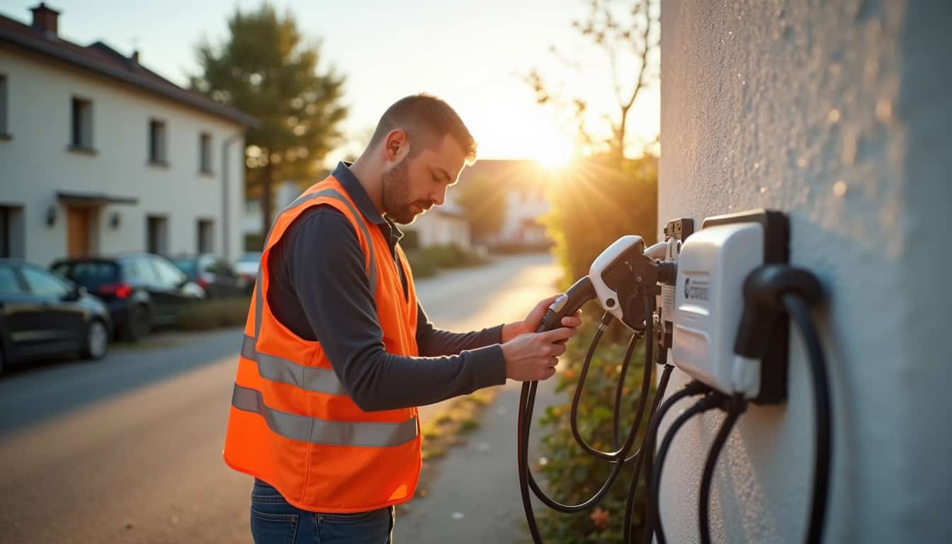Technicien en train d'installer une borne de recharge à Bévenais