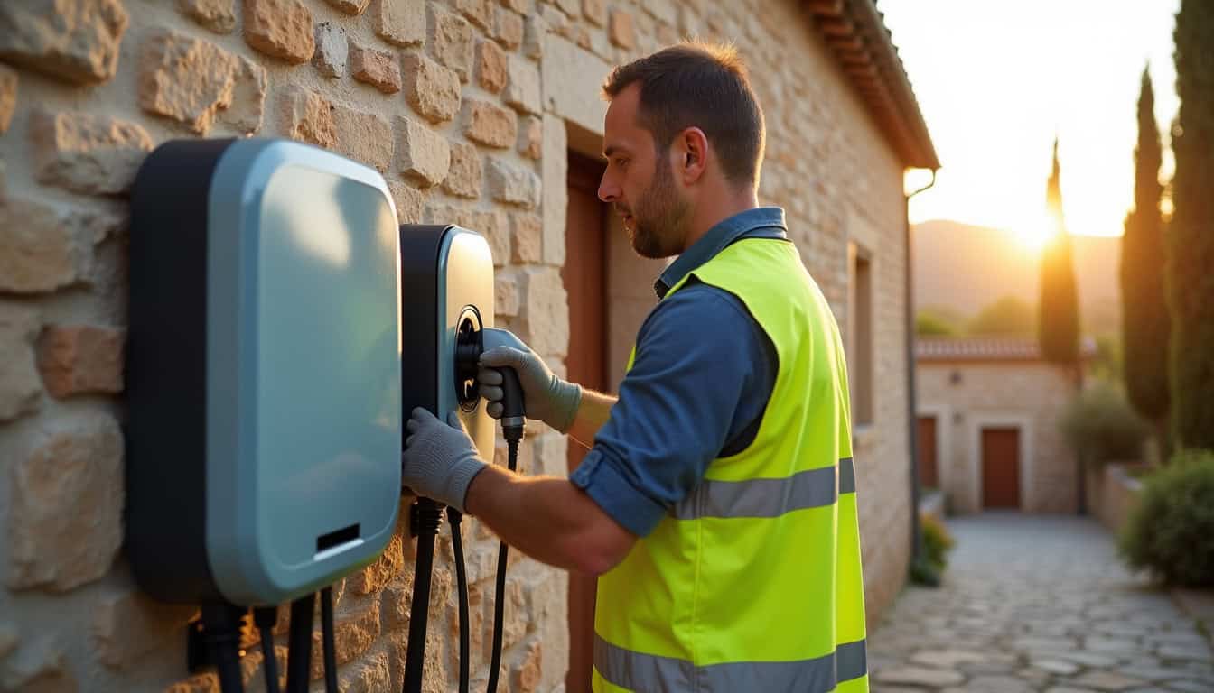 Technicien en train d’installer une borne de recharge à Camarès