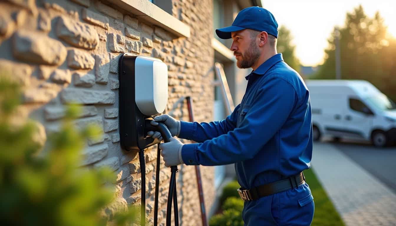 Technicien en train d'installer une borne de recharge à Chirens