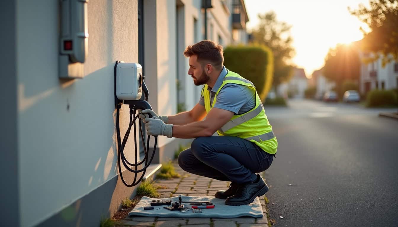 Technicien en train d'installer une borne de recharge à Condat-sur-Vienne