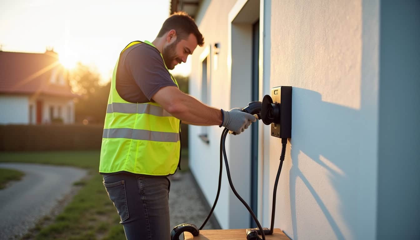 Technicien en train d'installer une borne de recharge à Condé-en-Normandie