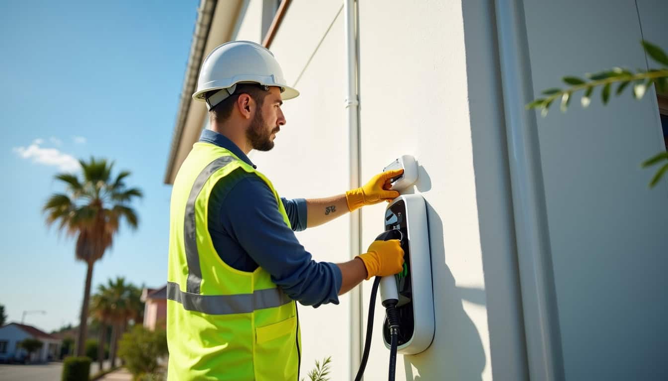 Technicien en train d'installer une borne de recharge à Saint-Georges-d'Oléron