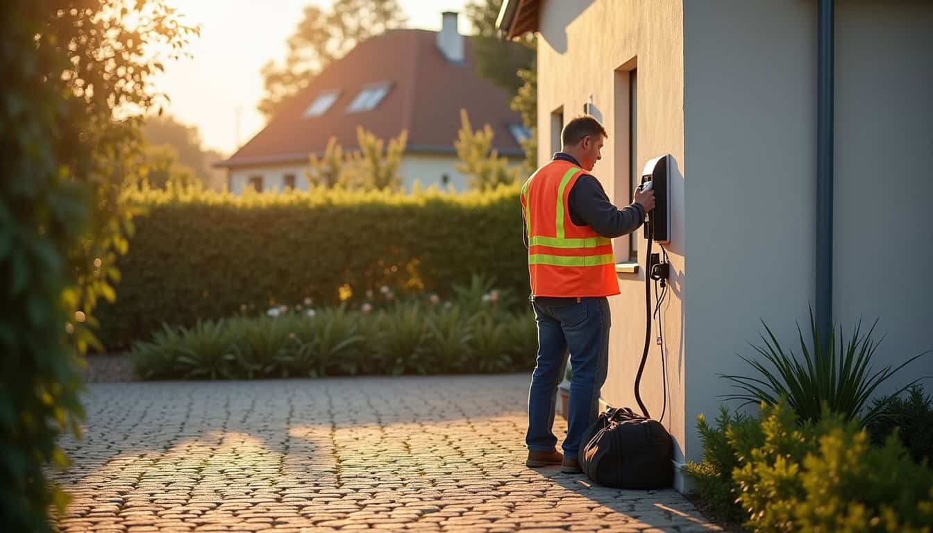 Technicien en train d'installer une borne de recharge à Saint-Nom-la-Bretèche